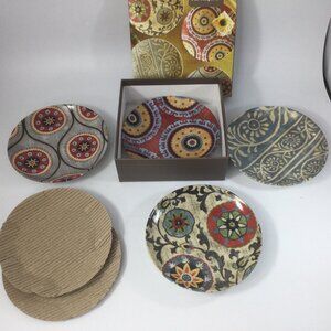Pier 1 Appetizer Ceramic Plates Set of 4 Multicolor Geometric Design with Box
